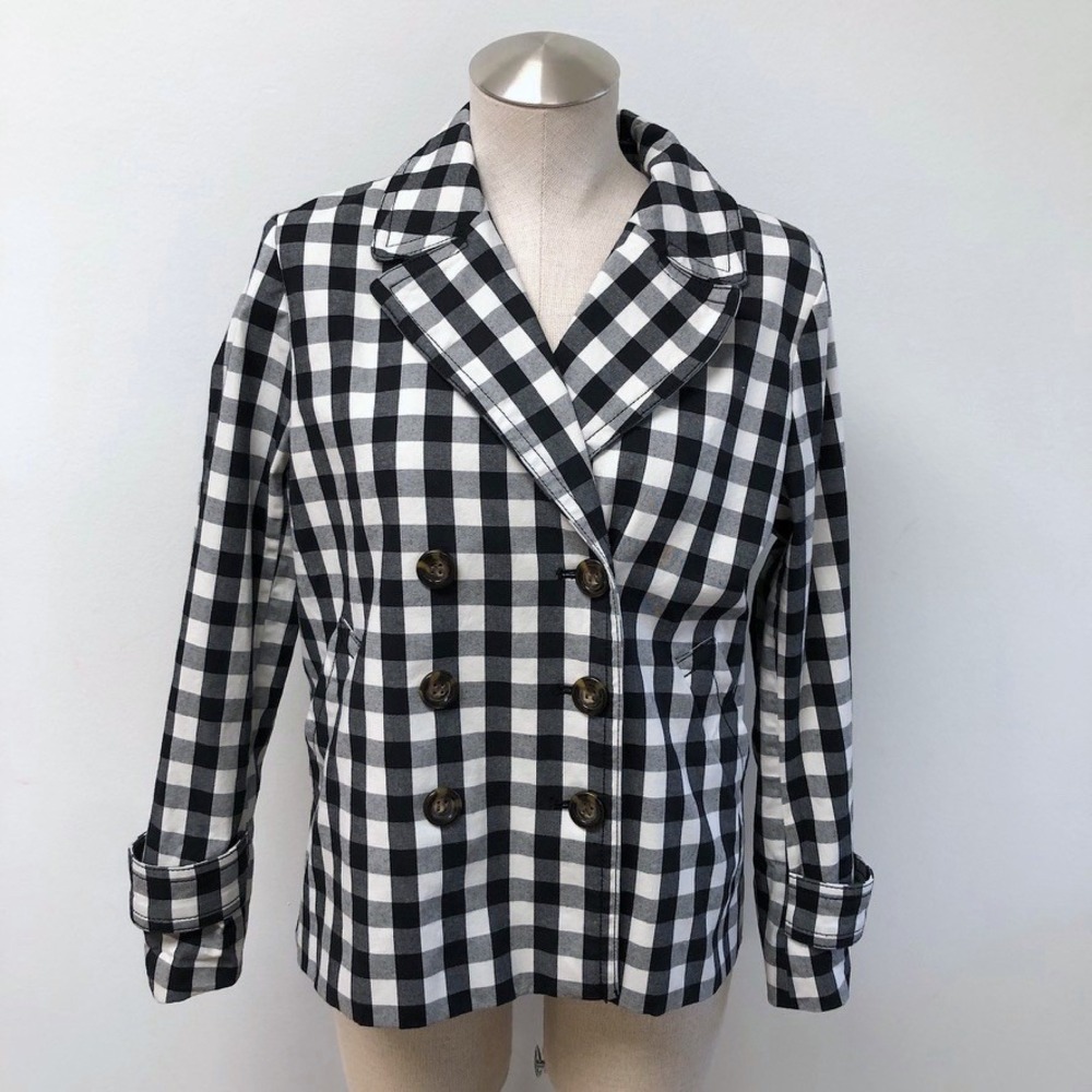 Ann Taylor Blazer Women MP Petite Black White Gingham Double‎ Breasted 587561
